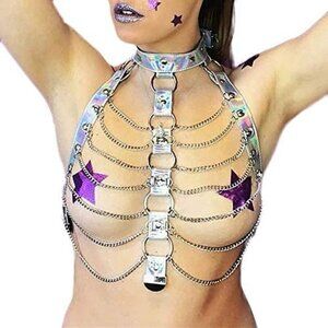 RAVE hologram body chest harness cage bra choker chain costume pasties festival